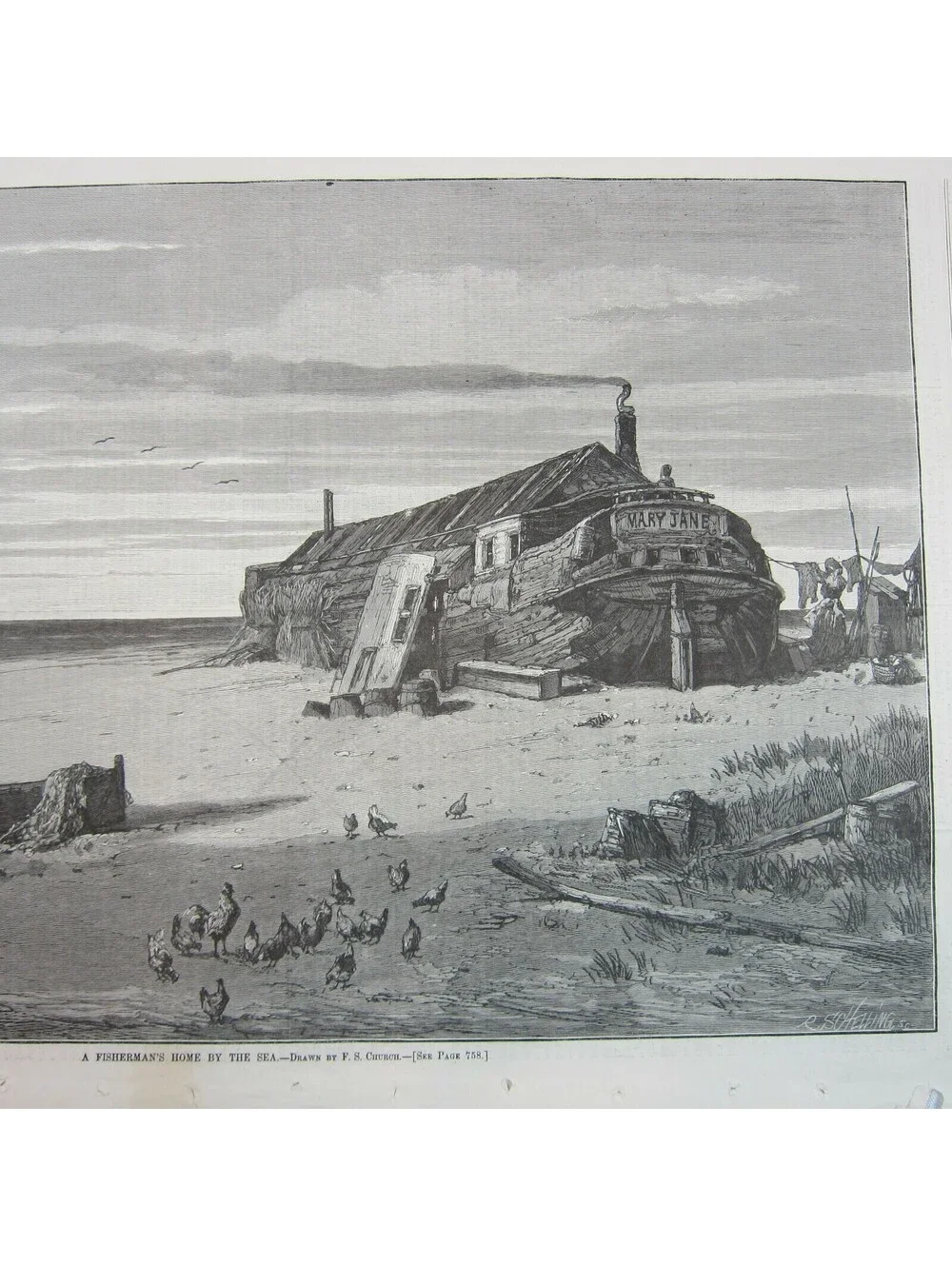 Antique 1878 Print A Fisherman’s Home By The Sea, F.S. Church, Harper’s Weekly